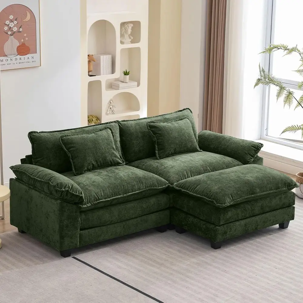

Green 86 L-Shaped Chenille Sleeper Sofa with Ottoman and Throw Pillows