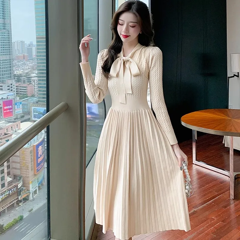 

2023 New Autumn Winter Beige Bow Tie Collar Knitted Pleated Dress Elegant Women Twist Long Sleeve Slim Waist Sweater Vestidos