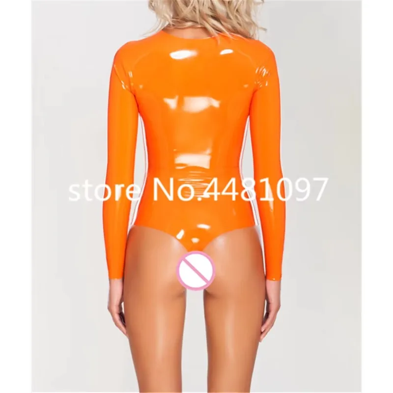 

100% Nature Latex Handmade Leotard Swimsuit Orange Latex Tight Costumes Bodysuit Latex Long Sleeve Clothes XS-XXXL(no zipper)