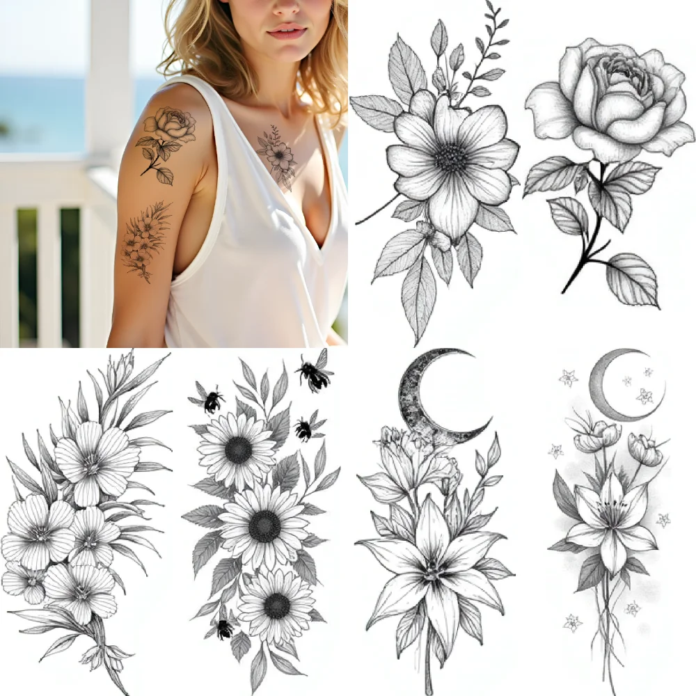 

9pcs Temporary Tattoo Line Art Floral Design Moon Butterfly for Adults ladies arms