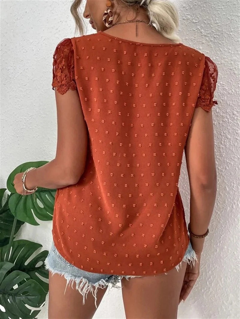 Elegant Beaded Decoration Lace Splicing V Neck Pullover Shirt Female 2023 Summer Casual Straight Blouse Women's Solid Color Tops