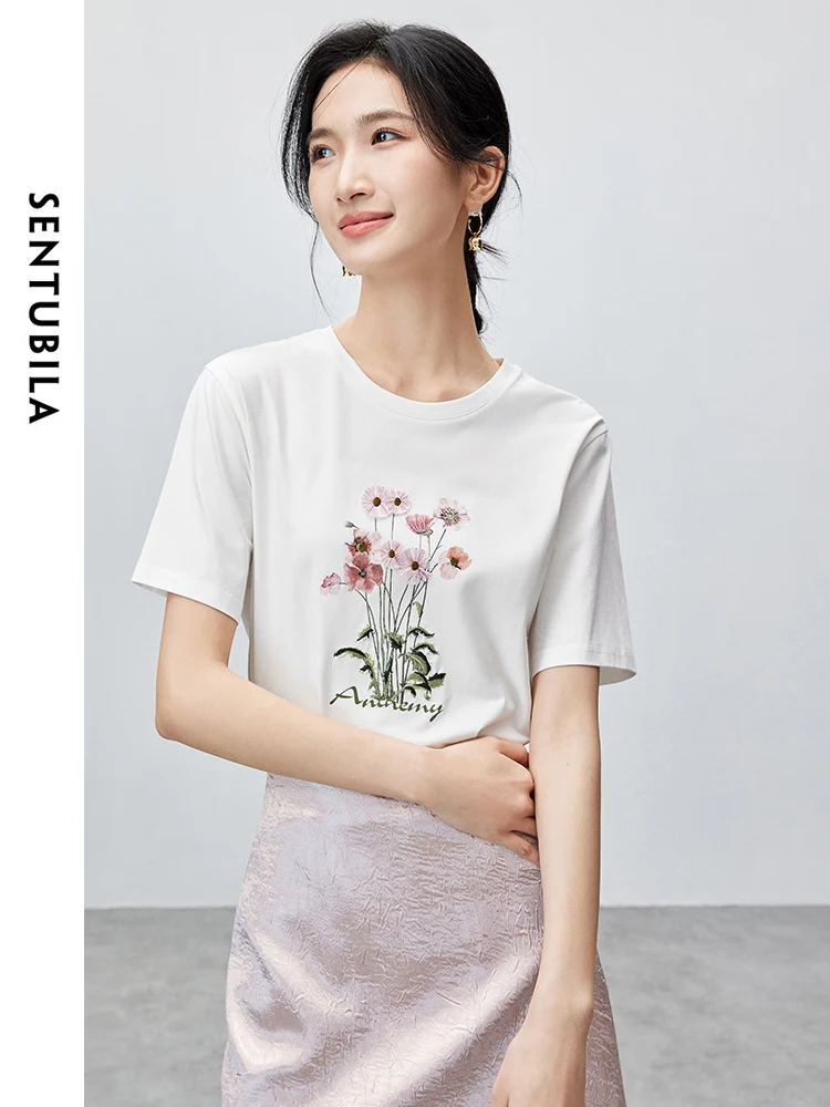 SENTUBILA Women Summer T Shirt 2024 Three-dimensional Floral Simple Casual Loose Short Sleeve Thin T-shirt Womens Tops 142T55054