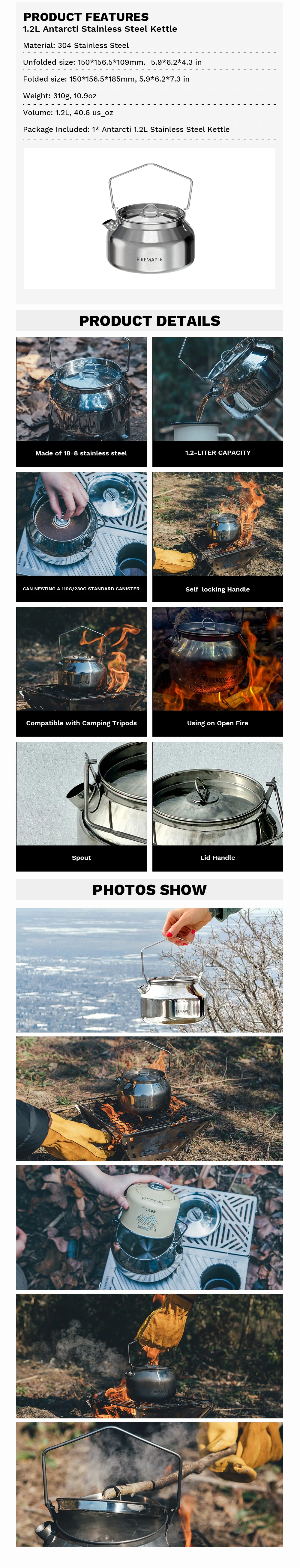 Fire Maple Antarcti Stainless Steel Backpacking Camping Kettle Bushcraft Outdoor Durable Teapot S304 0.6/1.0/1.2/1.5L 295g