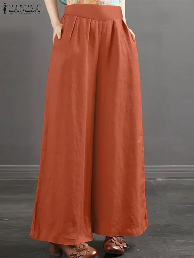 

ZANZEA 2024 Summer Holiday Pantalon Women Elegant Solid Color Loose Wide Leg Pants Commute Elastic Waist Casual Long Trousers