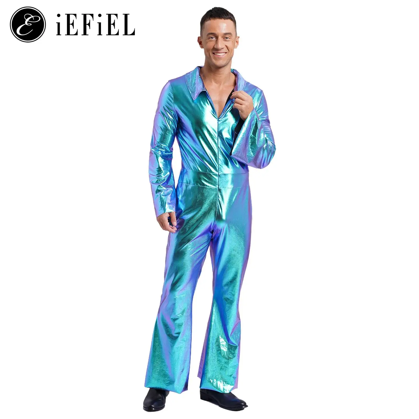 

Men's Retro 70s Disco Dancing King Costume Metallic V Neck Bell Sleeve Bottom One Piece Jumpsuits Ballroom Dancewear