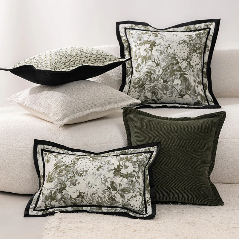 2026 Chinese Retro Green Cushion Cover Chenille Jacquard Sofa Pillow Cover Decorative Spring and Summer Modern Soft Home Decor