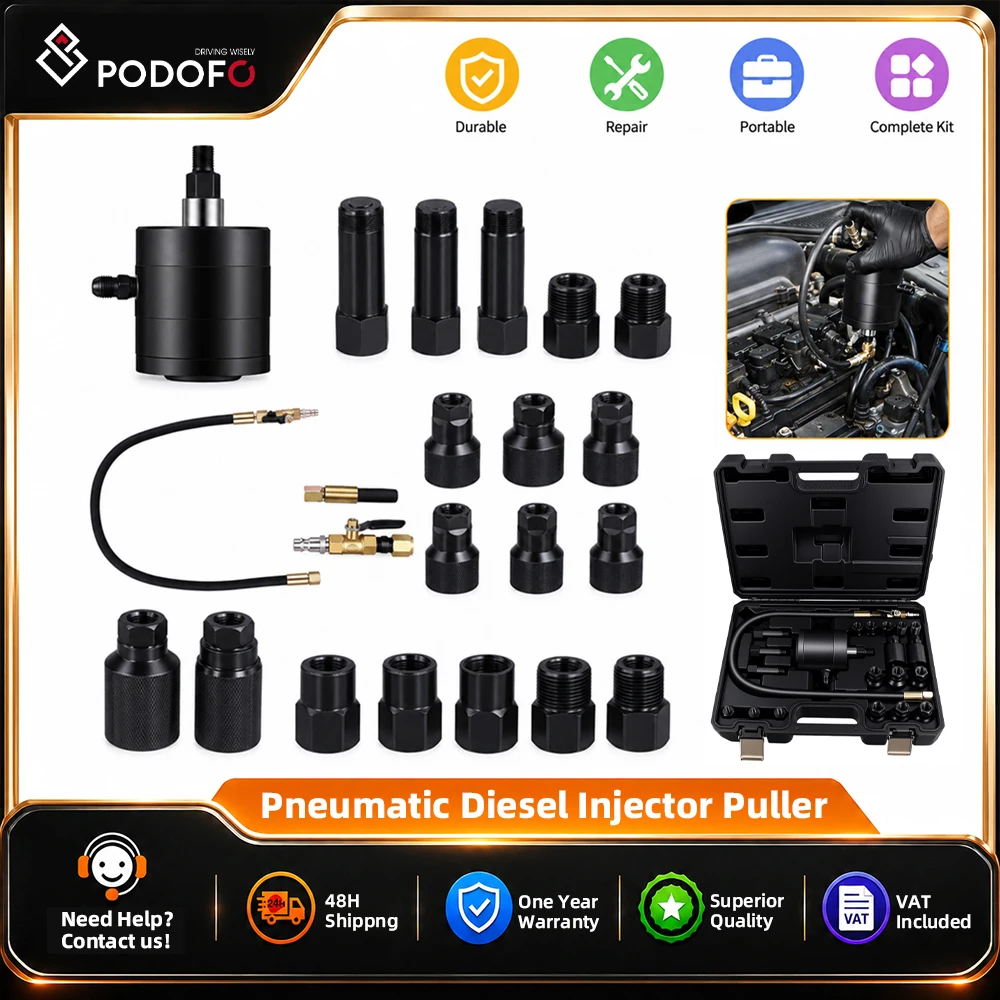 Juego de Herramientas Neumáticas para Extraer Inyectores Podofo de 21 Piezas, Extractor de Inyectores Diésel Neumático con Varios Adaptadores para Extraer Inyectores de Combustible Atascados en