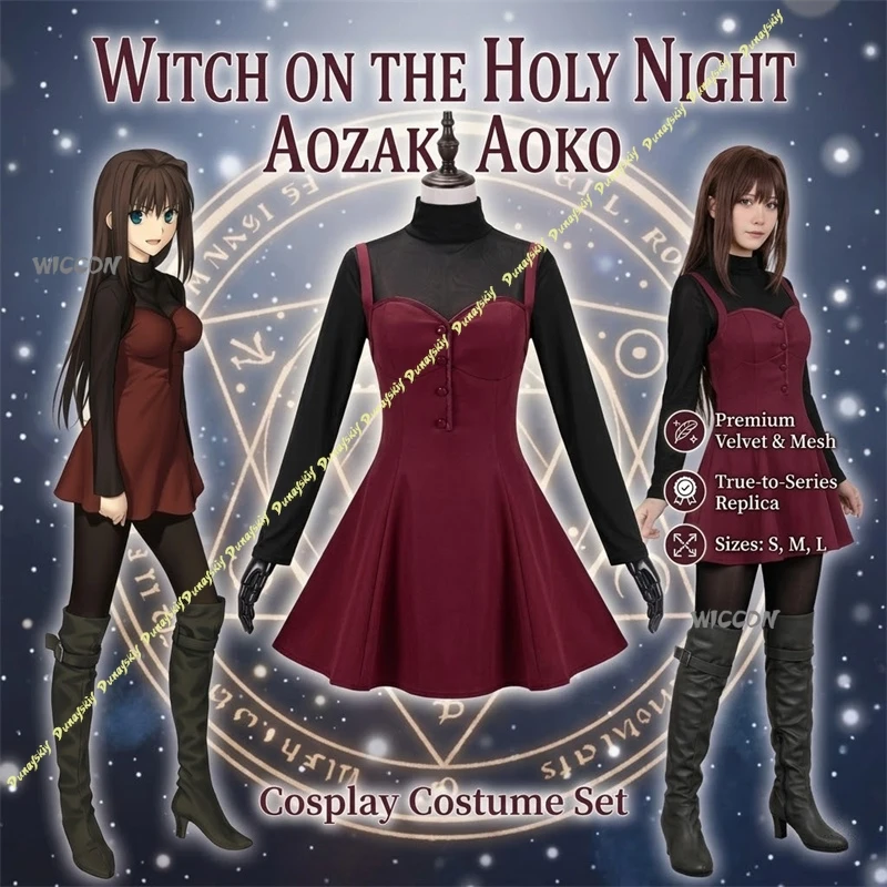 

Anime WITCH ON THE HOLY NIGHT Aozaki Aoko Costume Goth Lolita Dark Brown Long Wigs Black Tshirt Red Sexy Dress Halloween Cosplay