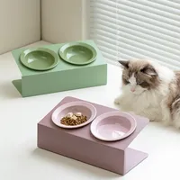 Ceramic Slanted Double Cat Bowl with Iron Stand Stylish Dog Cat Dishes Adjustable Bowl Stand Elevated Feeding Bowls for Dogs