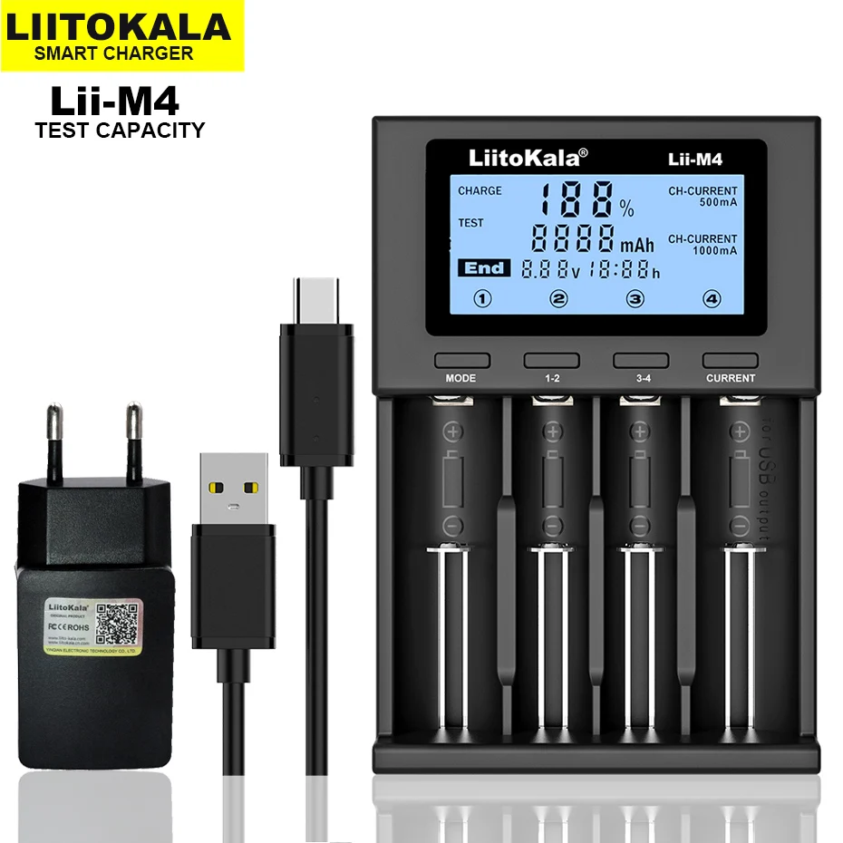 

NEW LiitoKala Lii-M4 18650 Charger LCD Display Universal Smart Charger Test capacity for 3.7V 26650 18650 21700 AA AAA etc 4slot