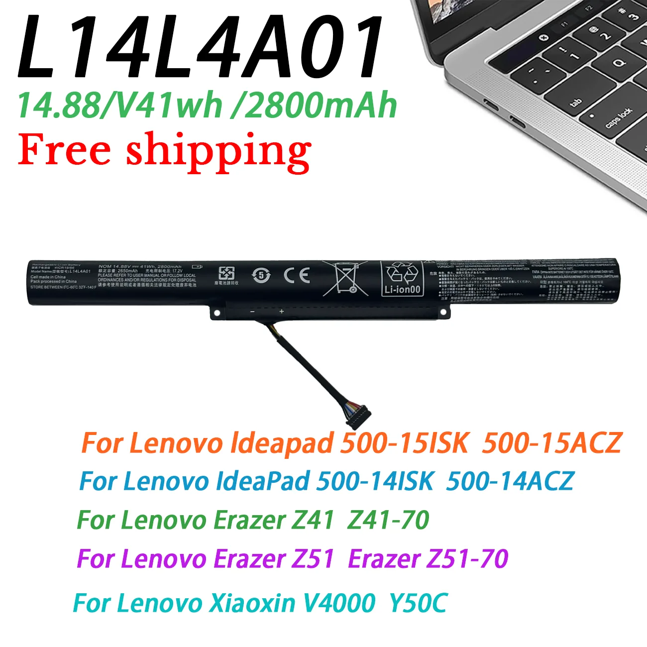 Nueva batería de ordenador portátil L14L4A01 para Lenovo IdeaPad 500-15ISK 15ACZ Xiaoxin V4000 Z41-70 Z51-70 L14M4E01 L14S4A01 L14M4A01 L14L4E01