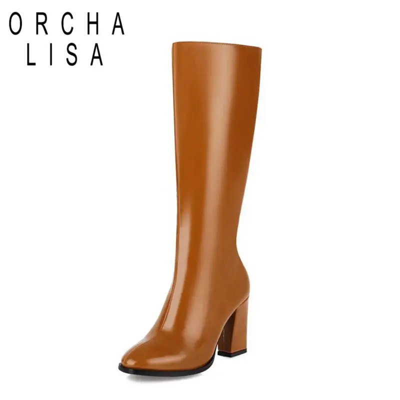 ORCHA LISA Womens Winter shoes knee high boots women warm fur chunky heels 9cm zipper leather booties black white big size15 16