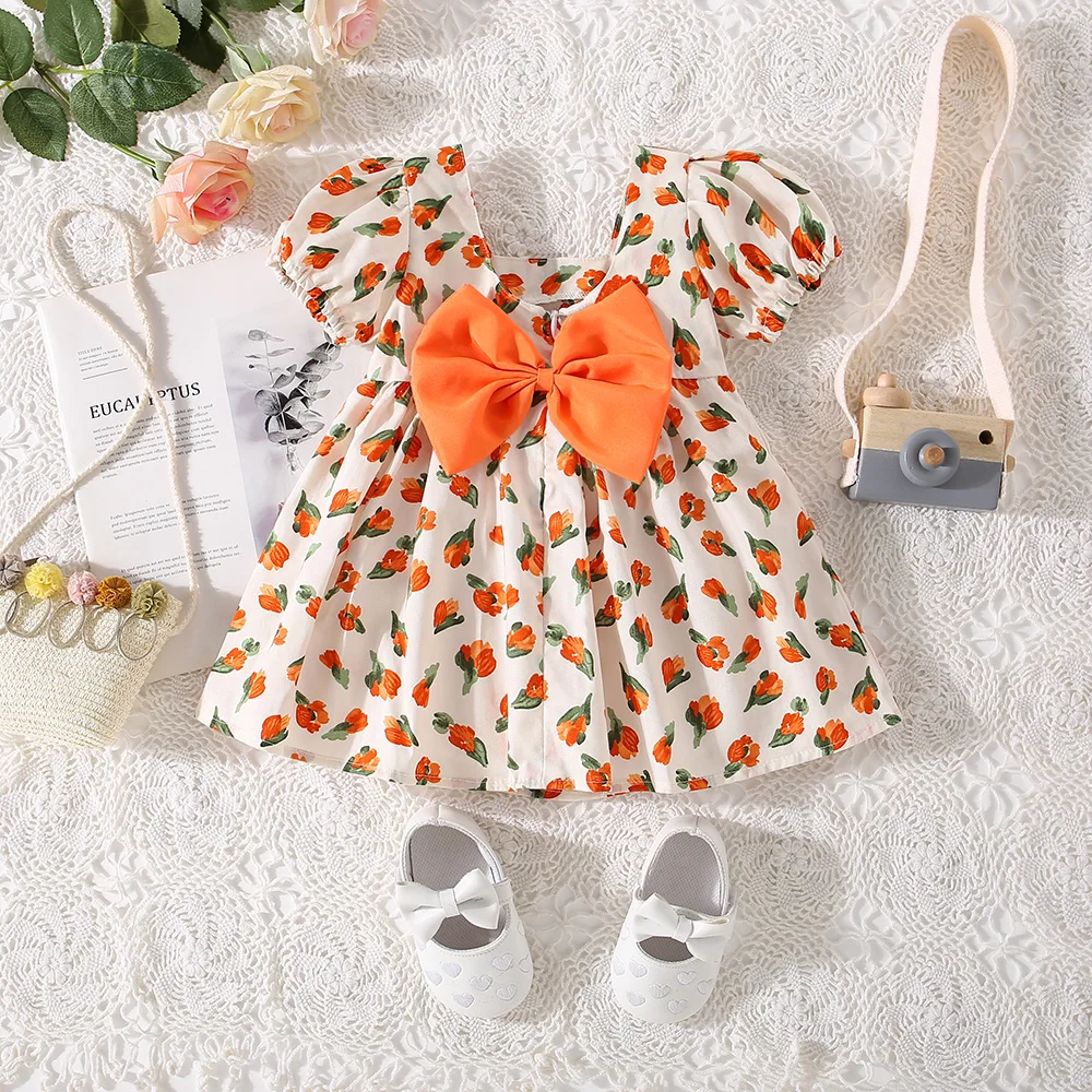 0-3-year-old girl dress summer baby girl big bow full flower print square neck bubble sleeve princess dress