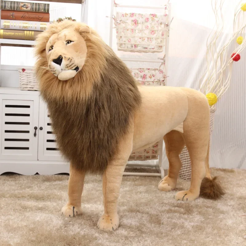 León de pie fresco para niños, 110x85cm de peluche de juguete, modelo animado, animal de peluche, león africano, montar, decoración del hogar, regalo