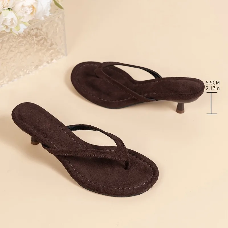 Women Brown Heeled Sandals with Thin Heel Comfortable Summer Flip Flops for Beach Vacation Party Casual Fashion Style Daily