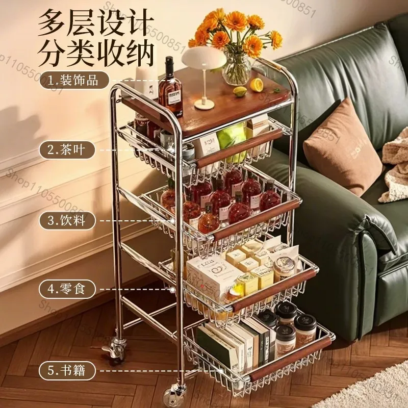 Vintage-style small cart, living room mobile coffee table, sofa side snack rack, multifunctional storage side table