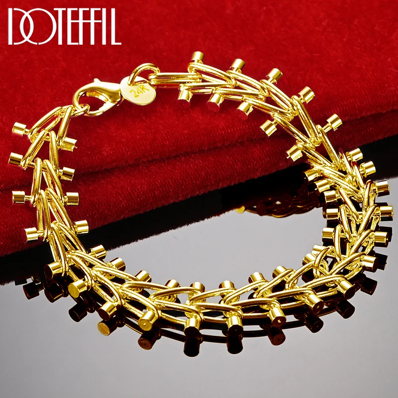 DOTEFFIL 18K Gold 925 Sterling Silver Double Row Bead Chain Bracelet For Man Women Charm Wedding Engagement Party Jewelry