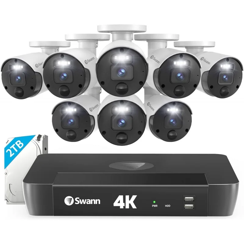 Swann-sistema de cámaras de seguridad 4K Master, 8 piezas, cámaras bala PoE, 8 canales Cat5e, sistema NVR con cable con HDD de 2TB, focos de Sensor, Col