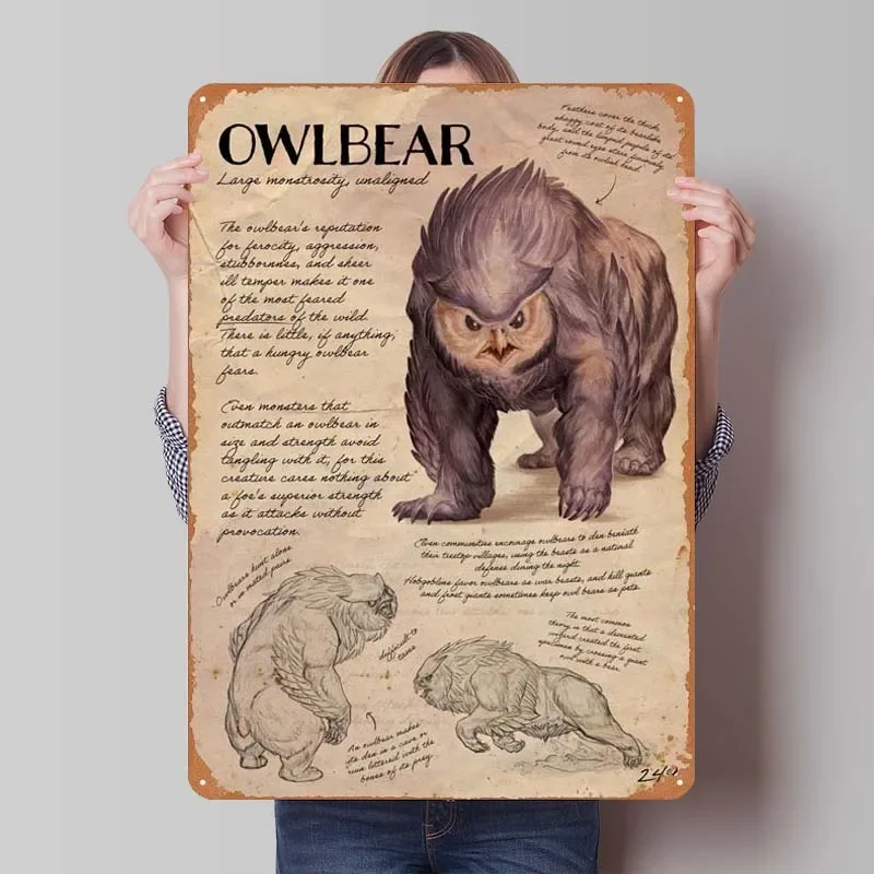 HD Tin Sign Vintage Dungeons & Dragons Wall Decor - Retro DND Dice Owlbear Monster Metal Poster for Game Room Man Cave Decor