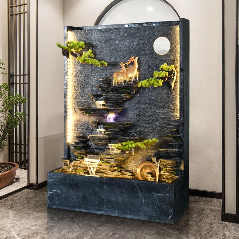 Rockery, flowing water, courtyard, garden, fountain, self-circulating deer handicraft decoration, outdoor water curtain wall set