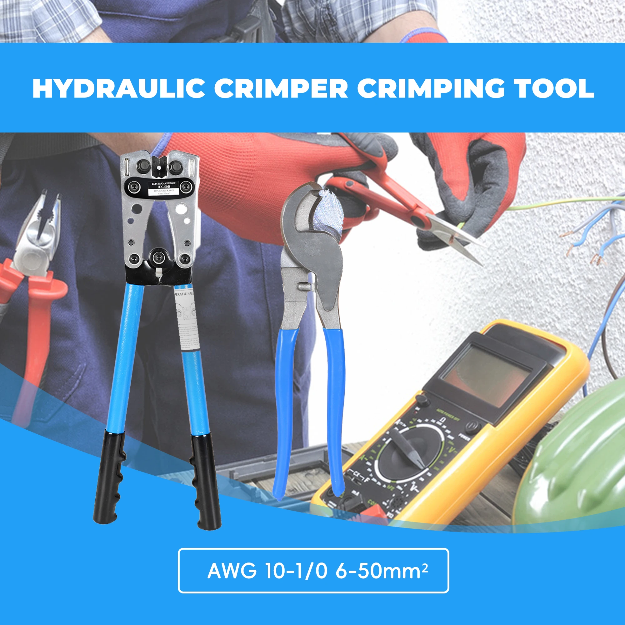 Crimp Tool Battery Terminal Crimp Tool (for 6 to 50mm² W/ Cable Crimp) - Non-Electric, Ergonomically Designed for Safe Crimp in Automotive, Solar and Industrial Applications