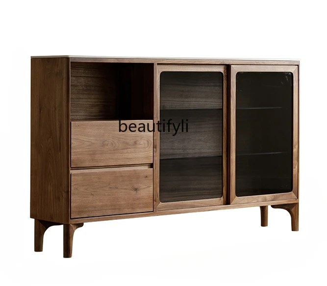 

North America Black Walnut Wood Sideboard Cabinet 30cm Extremely Narrow Changhong Glass Locker Nordic Solid Wood Stone Plate