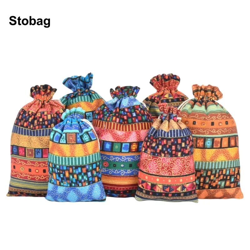 

StoBag 5pcs Printed Cotton Linen Cloth Bag Candy Gift Jewelry Package Drawstring Storage Bundle Pocket Reusable Pouches Party