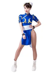 Chun Li Cosplay Dress Costume Game SF Chunli Role Play Blue Qipao Outfit Full Set Jackie Kung fu Halloween Party Suit For Fun