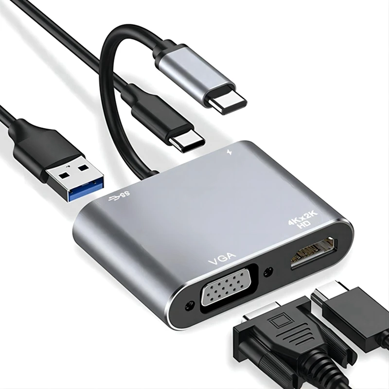 USB C Hub 4-In-1 Docking Station With 5Gbps USB 3.0, 4K HD, VGA, 87W PD Charging For , Laptops, & More