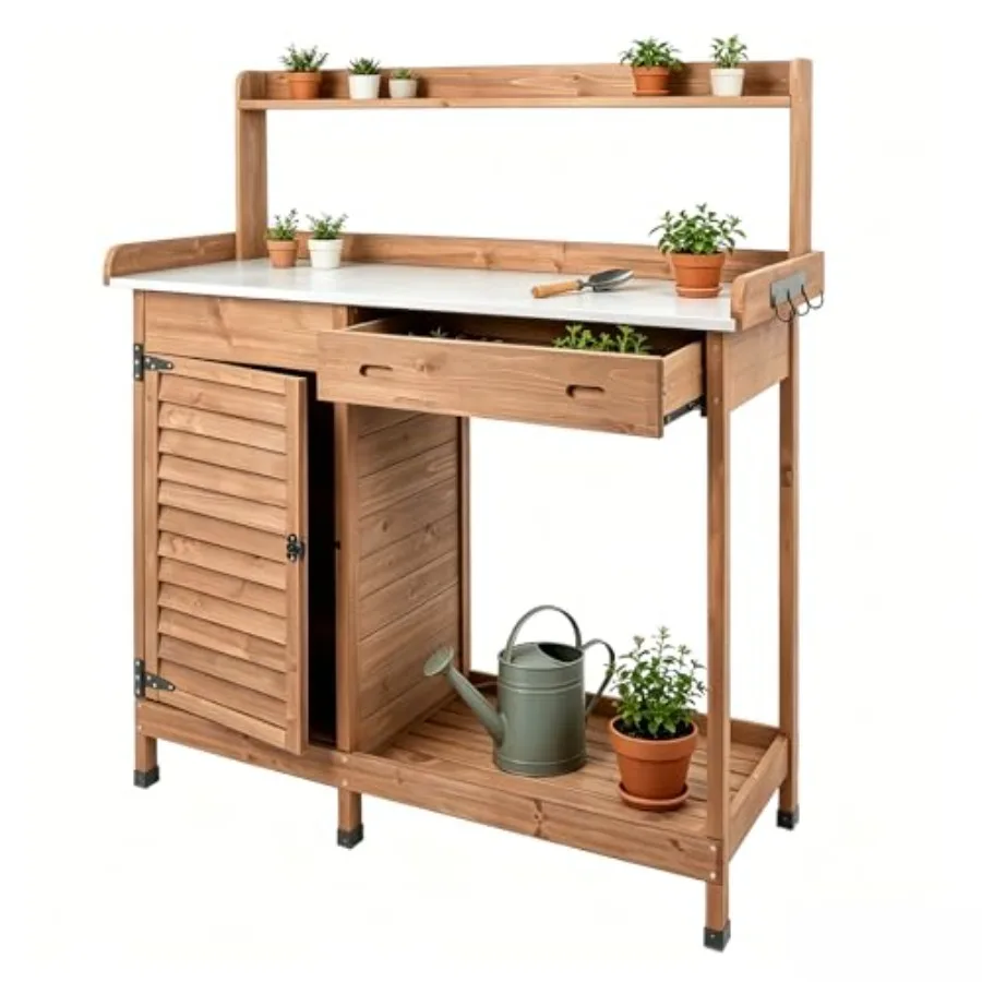 Outdoor Potting Bench Table with Storage Cabinet, Wooden Garden Workstation with Metal Tabletop, Drawer, Side Hooks and Lower S