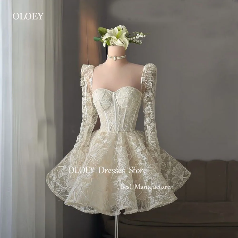 

OLOEY Modern Style Lace Followers Mini Wedding Dress Sweetheart Collar Draped Short-length Above The Knee Vestidos Novias Boda