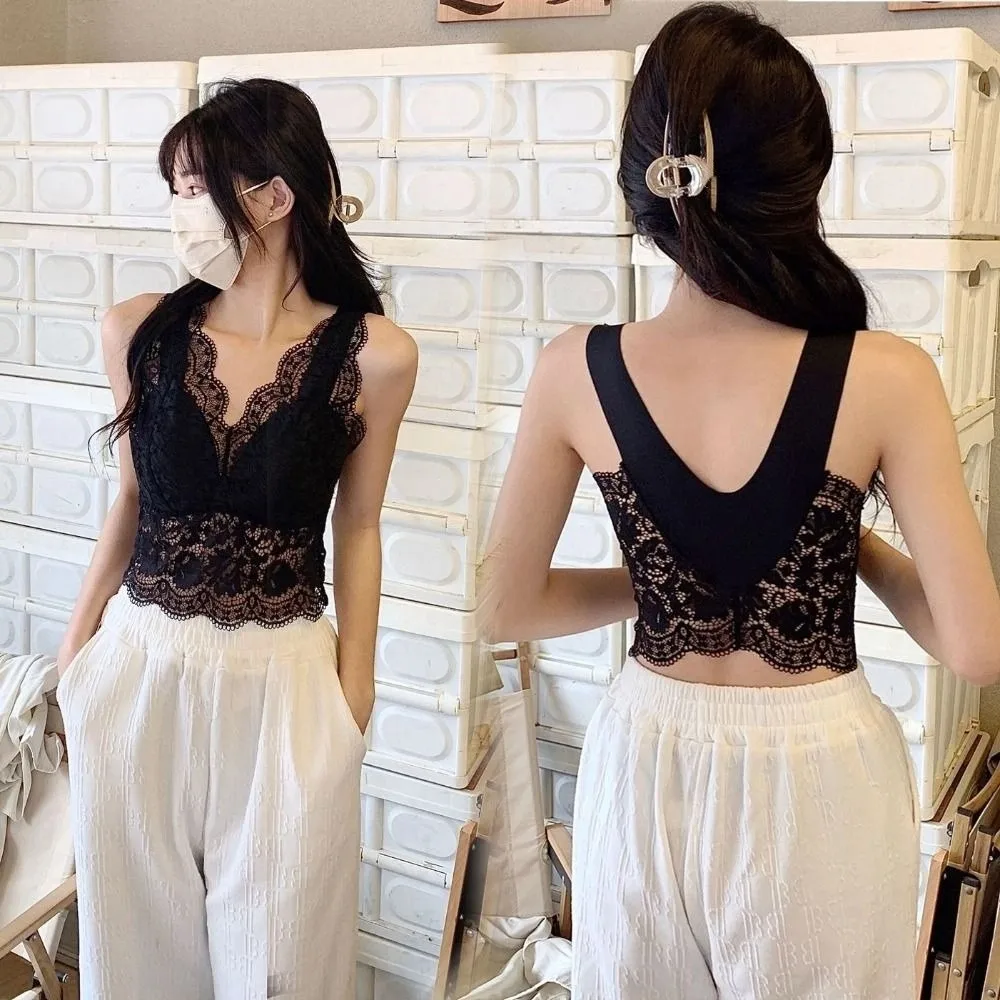 

Sweet Mesh Thin Lace Deep V Camisole Transparent Slim Fit Suspender Vest Sleeveless Undershirt Lace Crop Tops Spring Summer