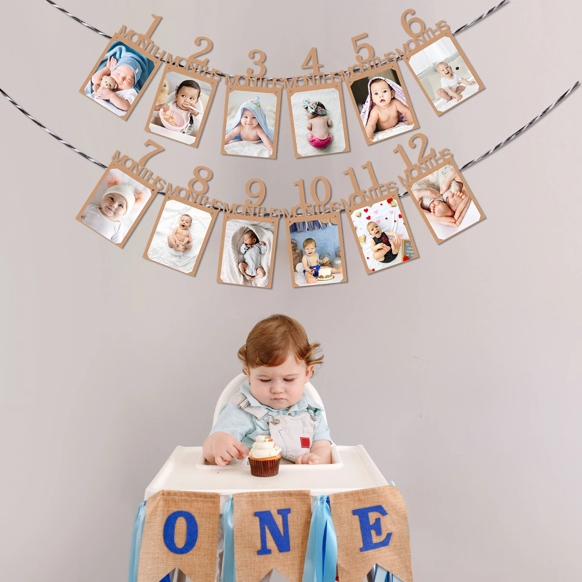 1st Birthday Baby Photo Banner 1-12 Monthly Newborn Photo Prop Paper Bunting Garland Baby One Year Birthday Party Decorations