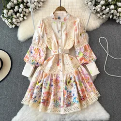 New Spring Summer Women Singel Breasted Mini Dress Lantern Long Sleeves Boho Sashes Vintage Fashion Lady Floral Print Lace Robe