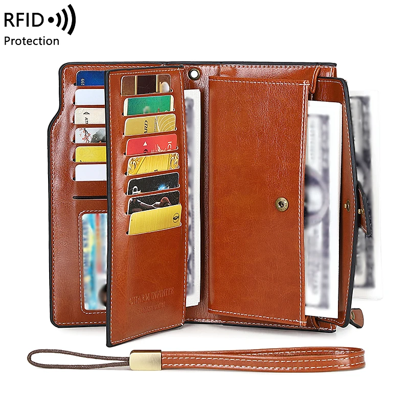 RFID anti-theft brush Women's retro long three fold foldable wallet with wrist strap multifunctional handheld credit card holder