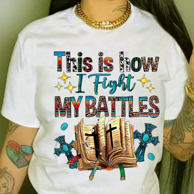 Damska koszulka z krótkim rękawem, wielostylowa, z nadrukiem religijnym, kwiatowym, biblijnym, zodiakalnym, kreskówkowym, luźna, z okrągłym dekoltem.