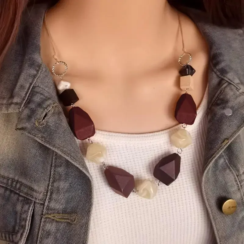 متعدد الألوان غير النظامية هندسية الخشب الخرز المعلقات القلائد للنساء خمر بيان الرقبة الديكور #1