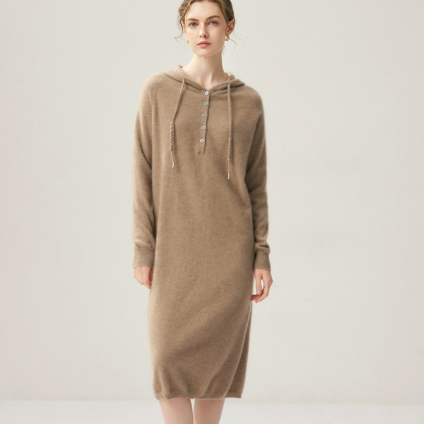 New 100% pure cashmere women's hooded sweater, high-end knitted autumn and winter long women's pullover full sleeved dress