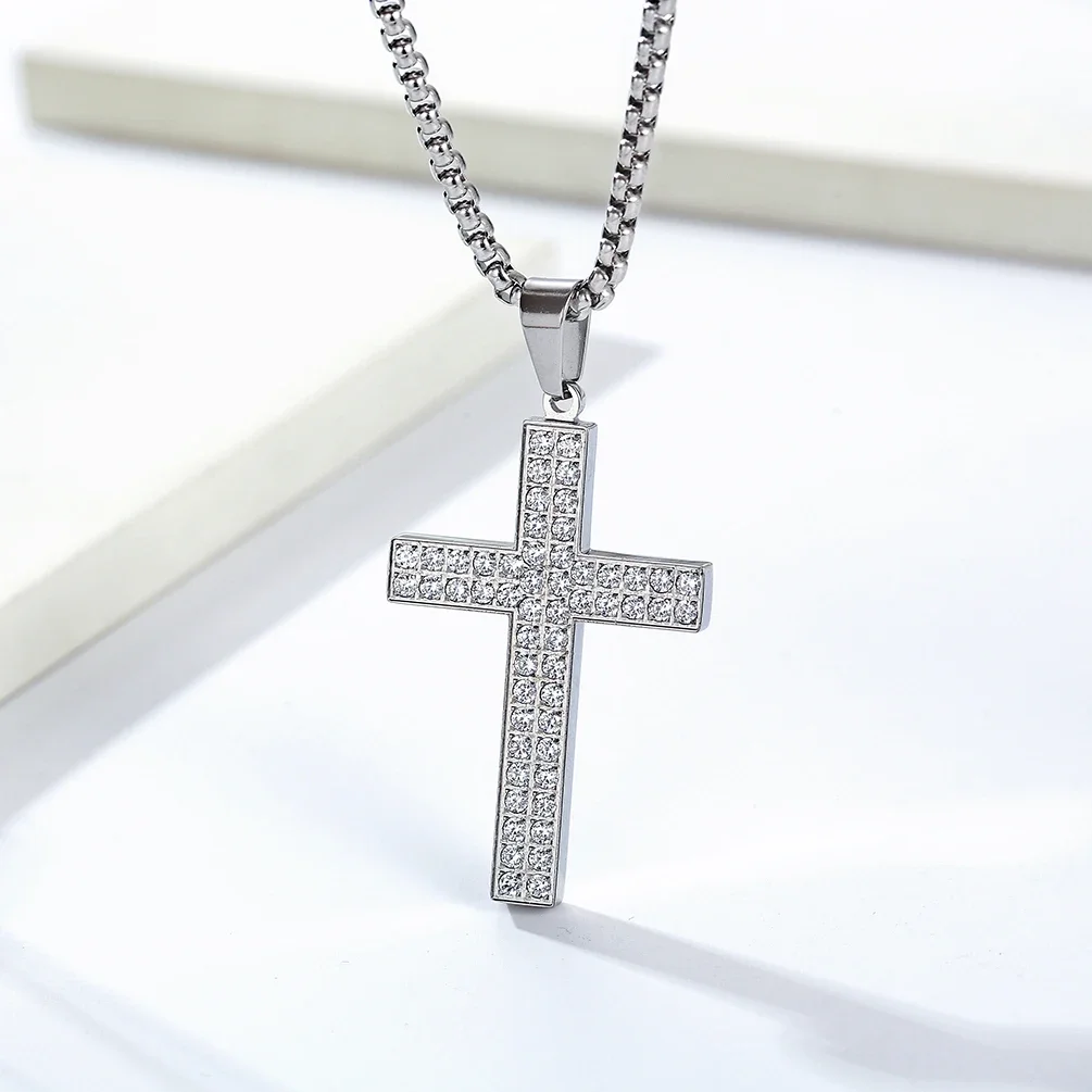 JHSL  Men Cubic Zircon Cross Pendants Statement Necklace Fashion Christian Jewelry Chain Stainless Steel Black Gold Silver Color