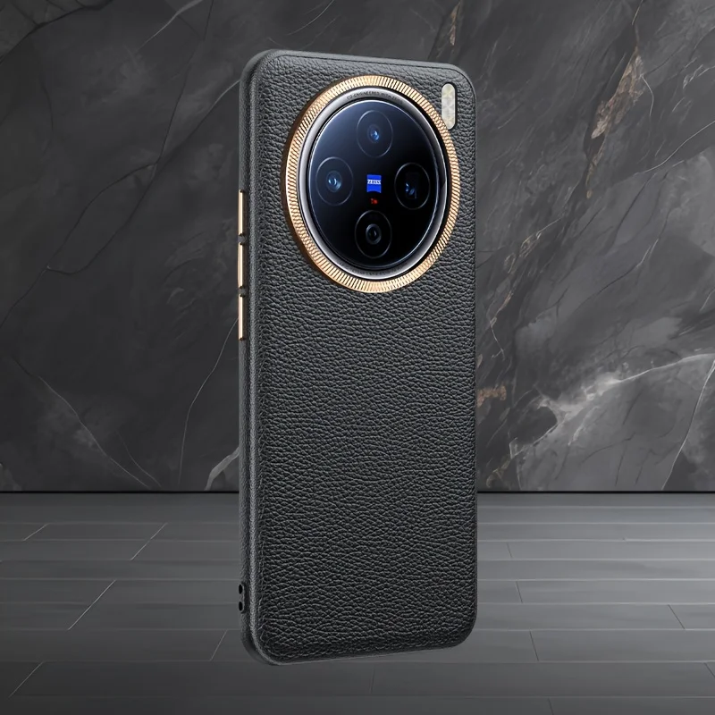 

Caase For VIVO X200 X100 Pro Ultra Luxury Leather Litchi Grain Metal Lens Ring Cover For VIVO X200Pro MINI Shockproof Bumper