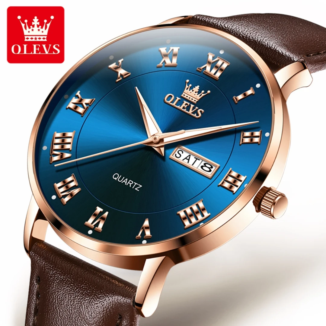 

OLEVS 2920 Simple Quartz Watch Gift Round-dial Leather Watchband Week Display Calendar
