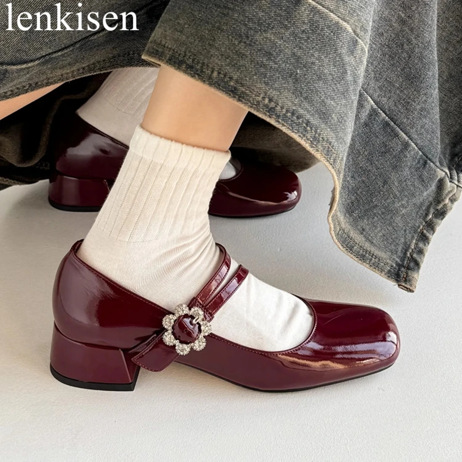 

Lenkisen Fashion Patent Leather Crystal Buckle Strap Mary Janes Shallow Med Heels Spring Autumn Shoes Elegant Party Women Pumps