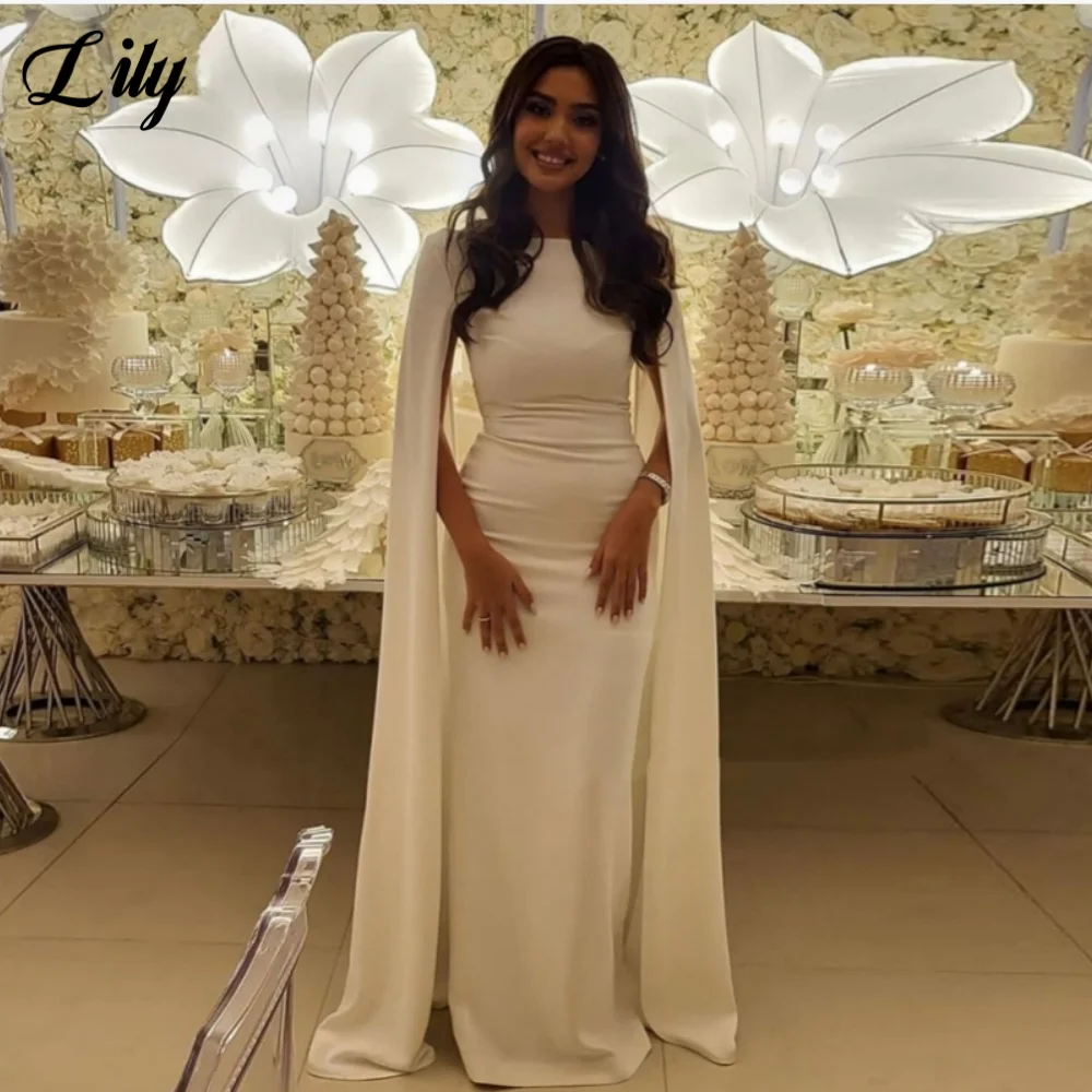 

Lily White Elegant Prom Dresses Square Long Sleeves Mermaid Evening Gown Satin Floor-Length Ball Gown robes du soir Customized