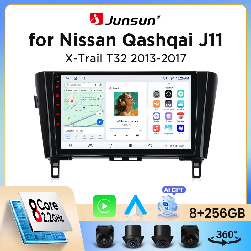 Autoradio Junsun sans fil CarPlay Android Auto pour Nissan Qashqai (J11) / X-Trail (T32) 2013-2017 avec ventilateur de refroidissement intégré, navigation GPS Android, lecteur multimédia, WiFi, DSP,