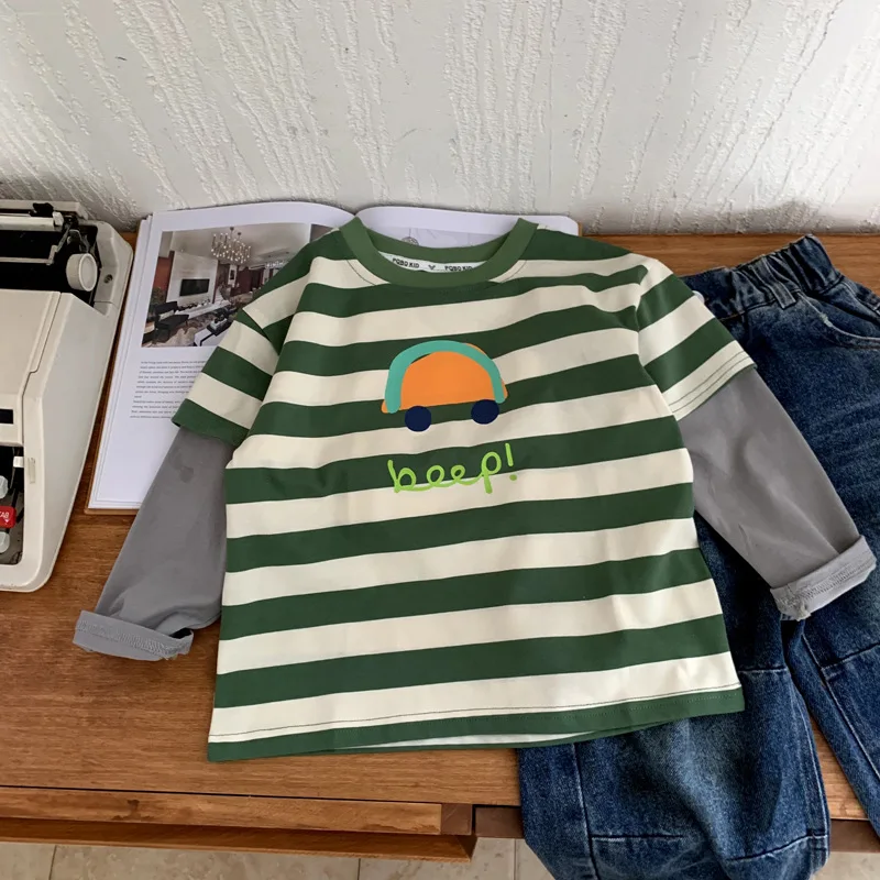 

Childrens Hoodie Spring Autumn New Cartoon Print Versatile Long Sleeved Striped Color Blocked Base Shirt Casual Daily Fashion