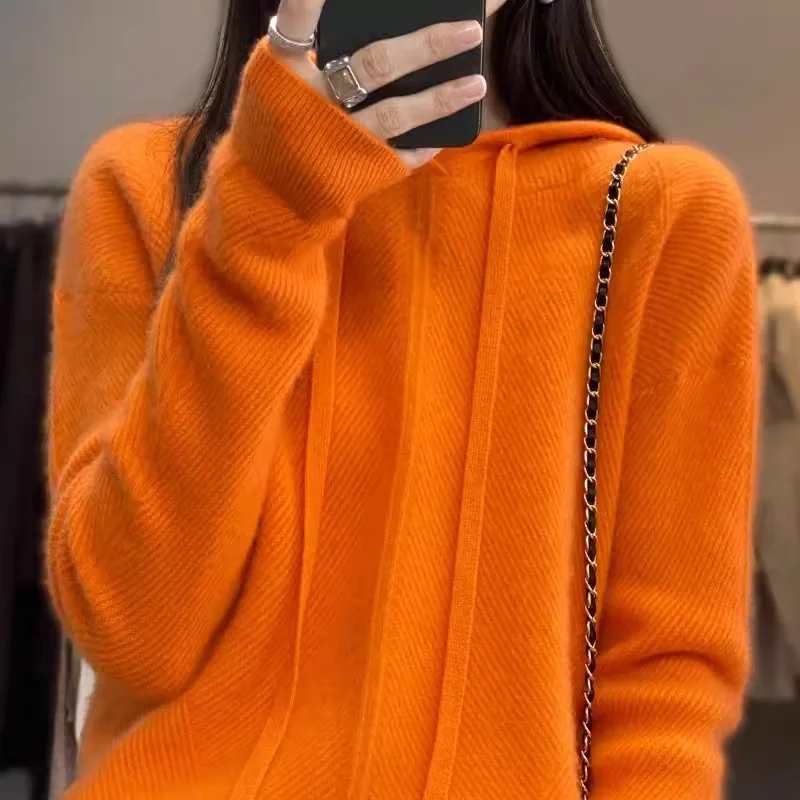 Women's Drawstring Hooded Sweatershirt Cashmere Sweater Knitted Sweater Purple Thickened Sweater Loose Jacket Female Pullover