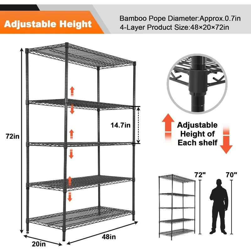 5 Tier Black Storage Racks and Shelving - 48