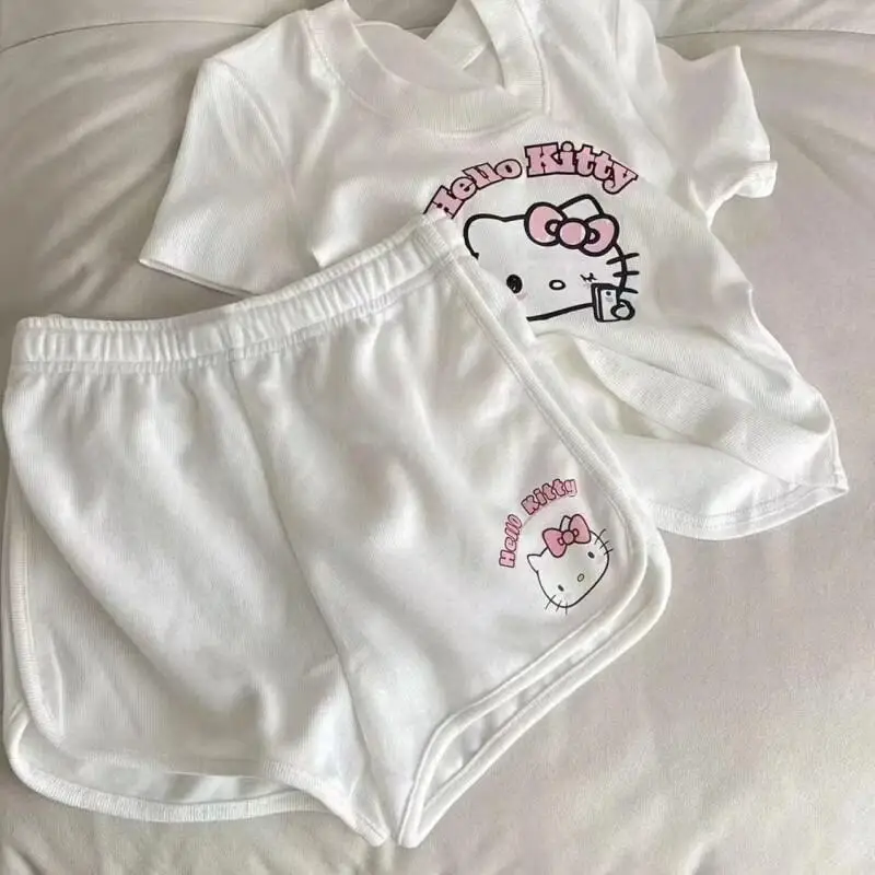 

Женский пижамный комплект Sanrio Hello Kitty, мягкая и удобная одежда для сна для девочек-подростков, домашняя одежда с милым мультяшным рисунком, летние шорты