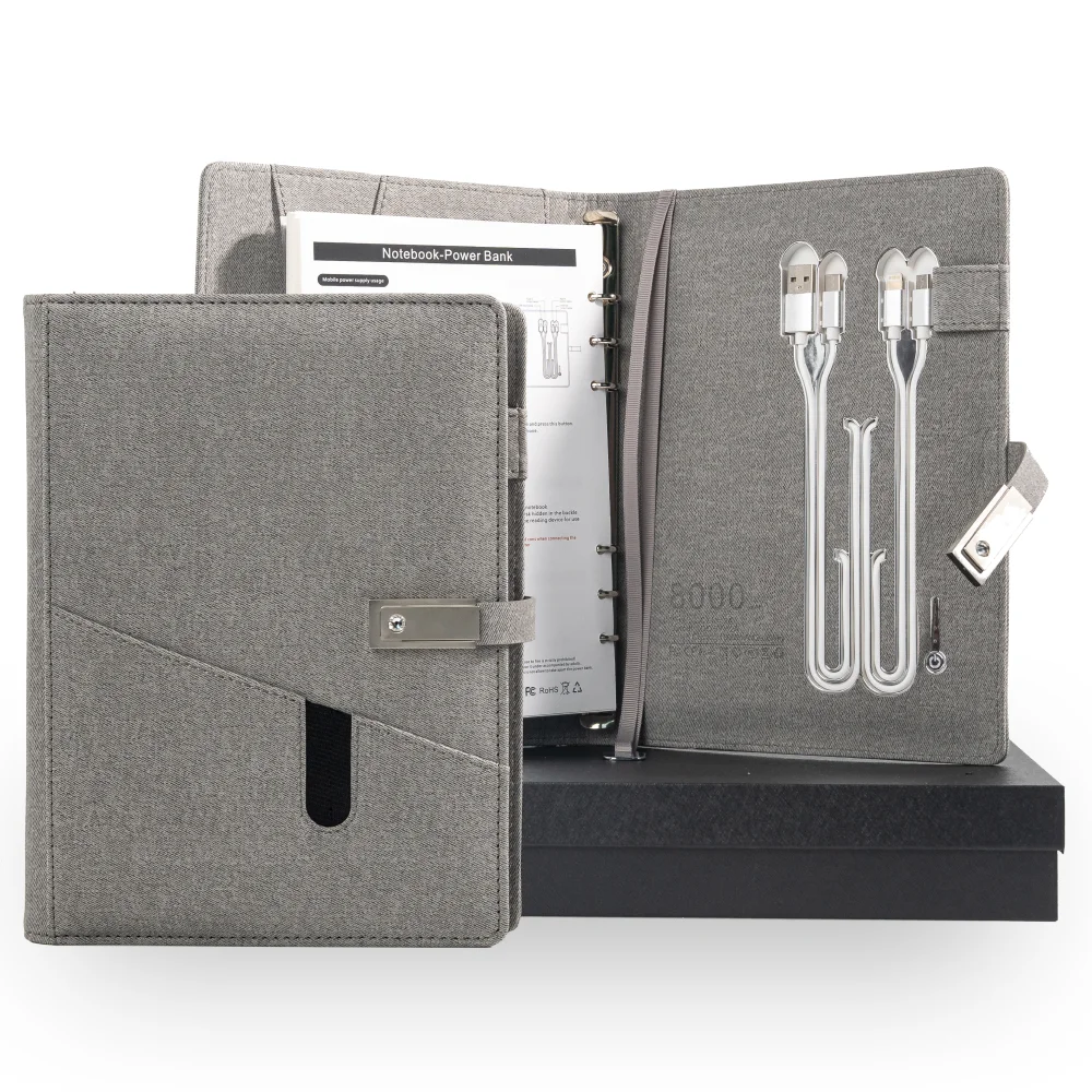 

Grey Wireless Charging Notebook with USB Drive, 3-in-1 Cable, Card Slots & Document Pocket, A5 Planner for Business Use