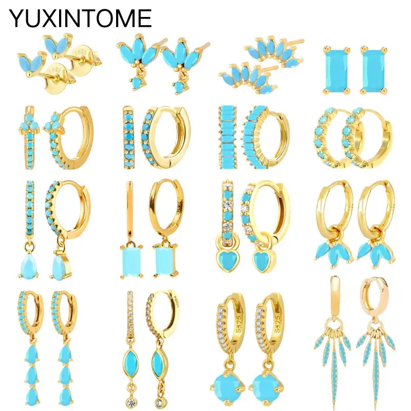 

925 Silver Ear Needle Turquoise Hoop Earrings For Women INS Style Exquisite Flower Blue Crystal Piercing Huggie Earrings Jewelry